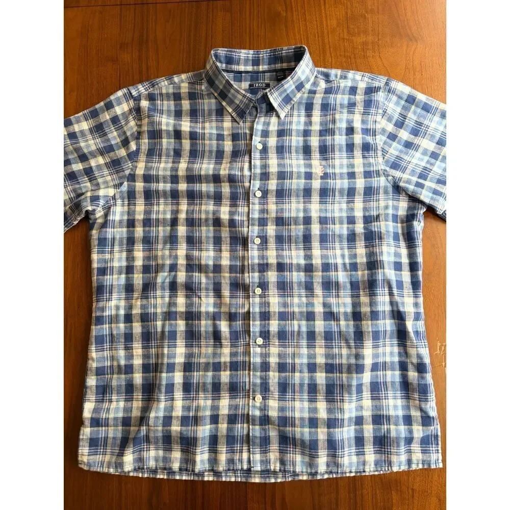 IZOD Relaxed Fit Men's Linen Blend Blue Plaid Short Sleeve Button Down - Size XL